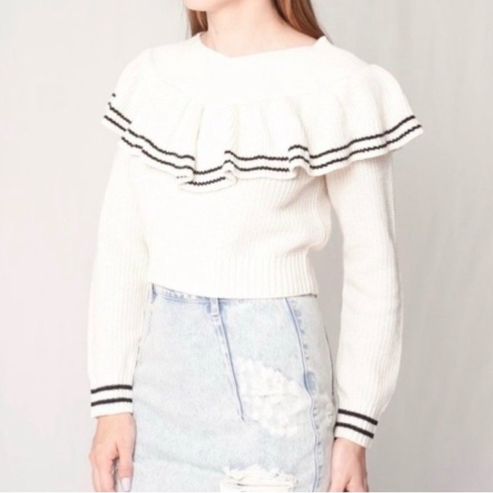 Self-Portrait Ivory Ruffle Wool Knit Cropped Sweater M Balletcore
